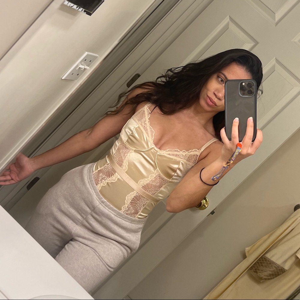 Prettylittlething champagne satin lace bodysuit